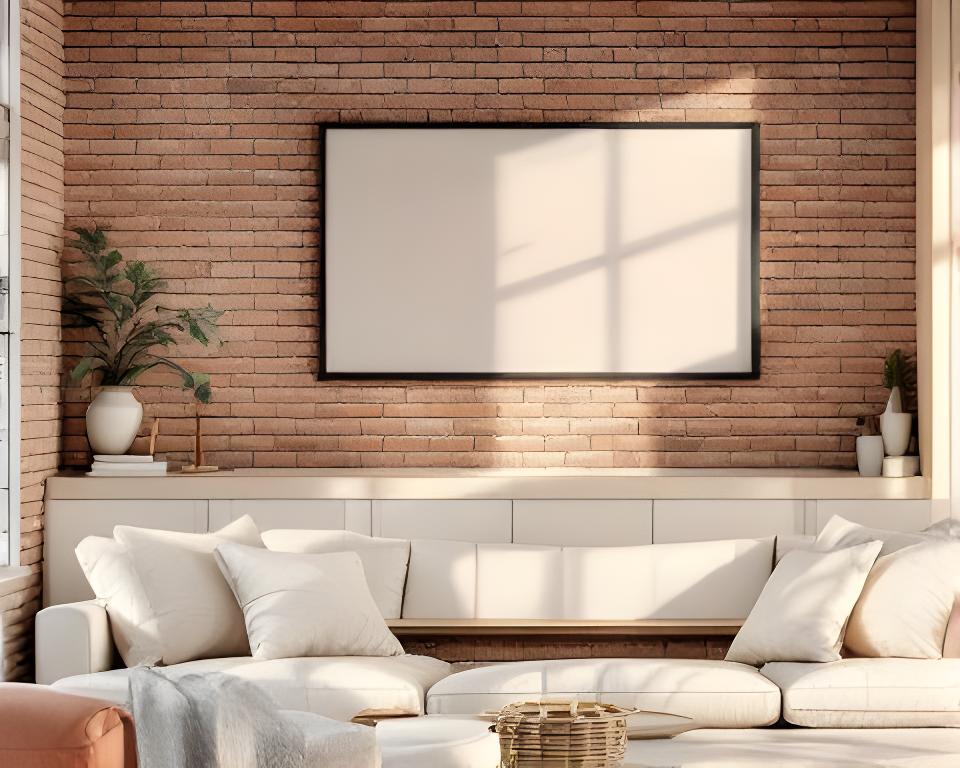 Living luminoso con pared de ladrillos vistos, sillones claros y una textura cálida en una casa moderna
