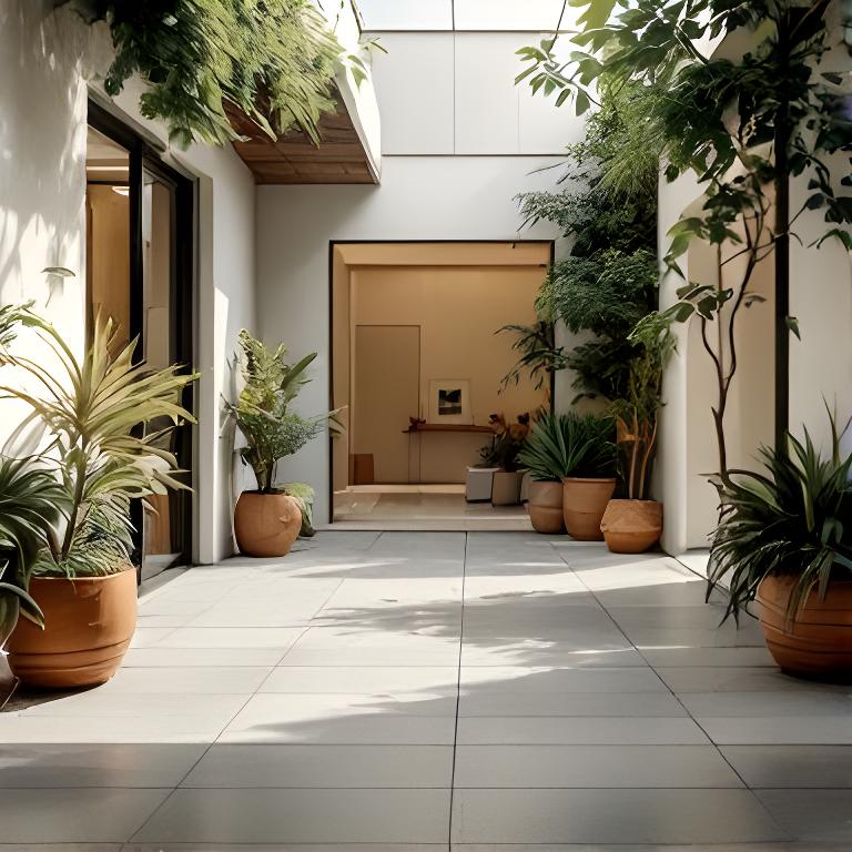 Patio exterior con piso cerámico resistente, macetas y una galería luminosa de uso cotidiano