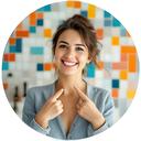 Yrma M. mostrando un mosaico decorativo en una pared de baño terminada