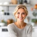 María G. sonriendo en una cocina renovada con cerámicos claros