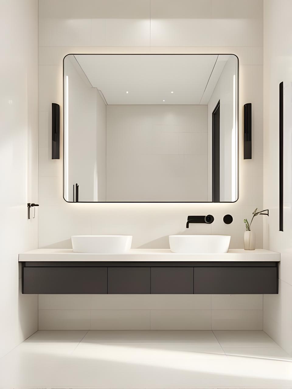 Baño contemporáneo con revestimiento cerámico claro, espejo amplio y grifería negra sobre paredes prolijas