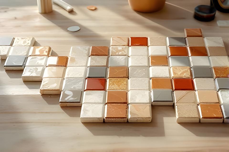 Mosaicos decorativos de colores tierra ordenados sobre una mesa de diseño con luz natural
