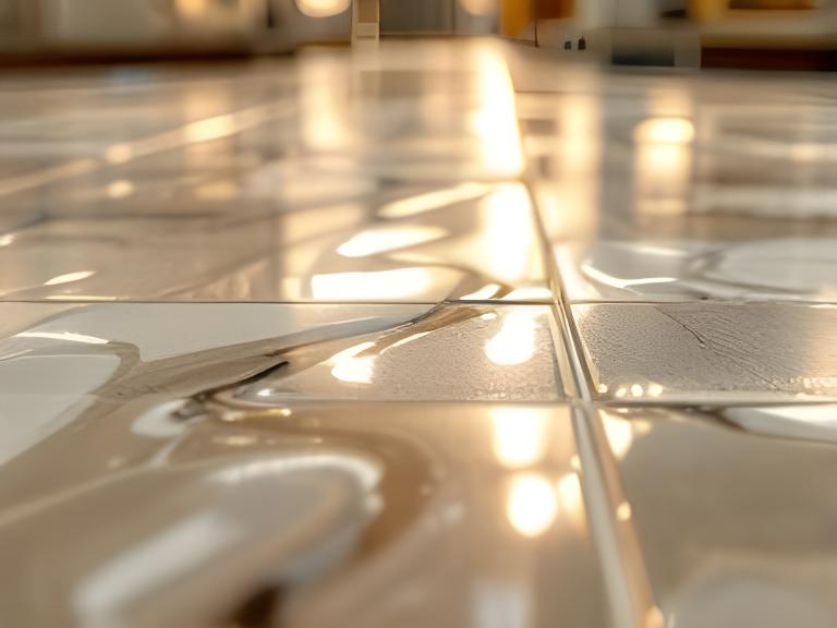 Primer plano de baldosas con esmalte brillante y reflejos suaves en una sala de exposición